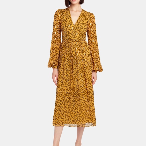 NWOT Saloni Silk Camille Gold Spot Jacquard Metallic Midi Dress 4 - Picture 9 of 9